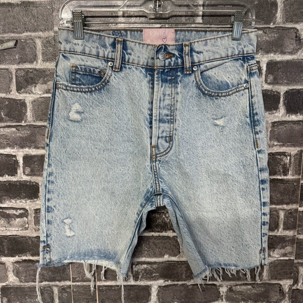 Revice Beverly Drive Button Fly Long Bermuda Denim Jean Shorts distressed